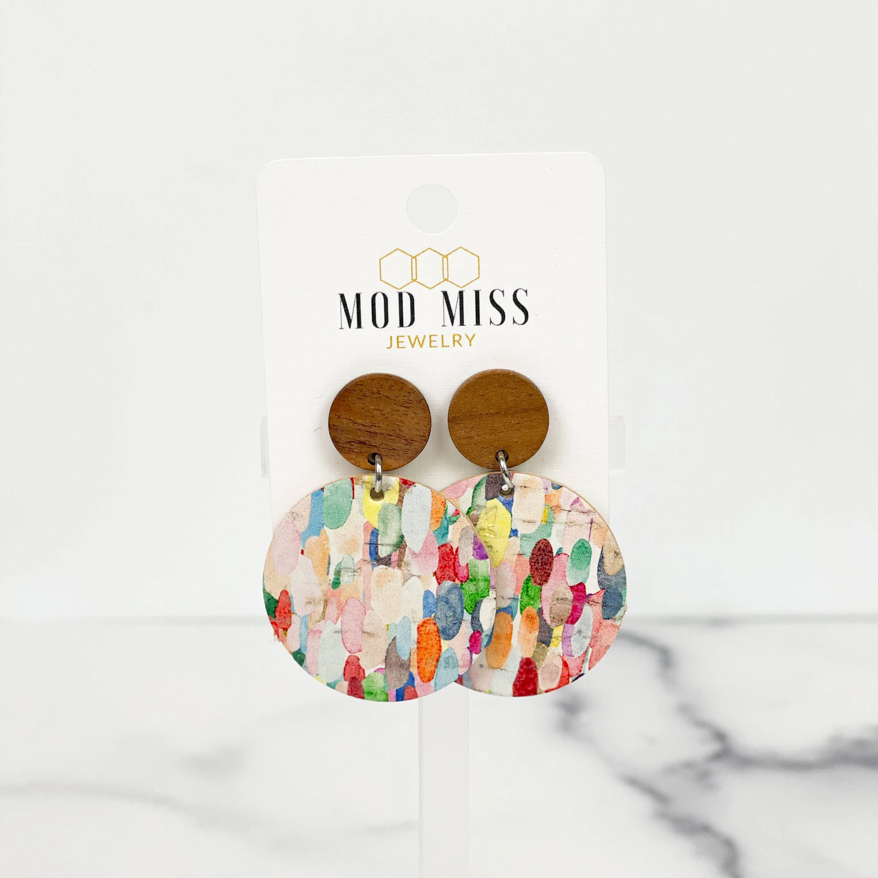 Cork Leather Round Earring "Confetti Rainbow''