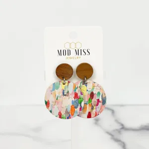 Cork Leather Round Earring "Confetti Rainbow''
