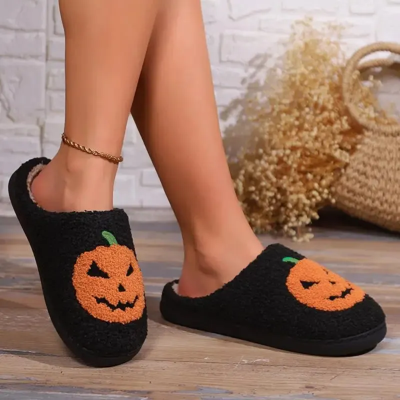 Cotton Fluffy Slippers Home Cartoon Pumpkin Platform Plush Slides Couple 2025 Funny Halloween Casual Designer Shoes Women Indoor