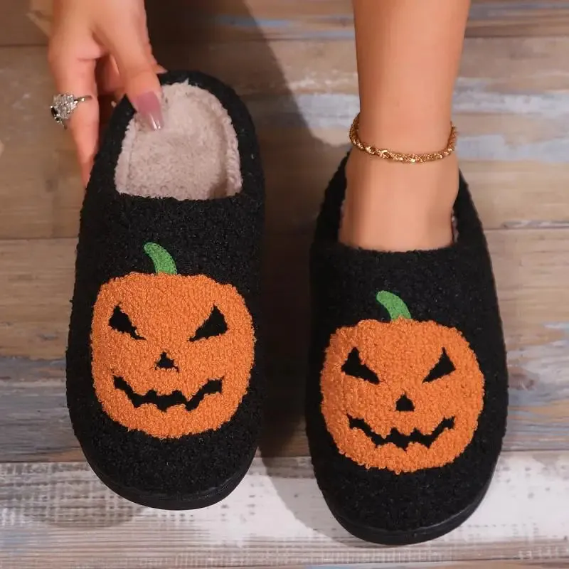 Cotton Fluffy Slippers Home Cartoon Pumpkin Platform Plush Slides Couple 2025 Funny Halloween Casual Designer Shoes Women Indoor