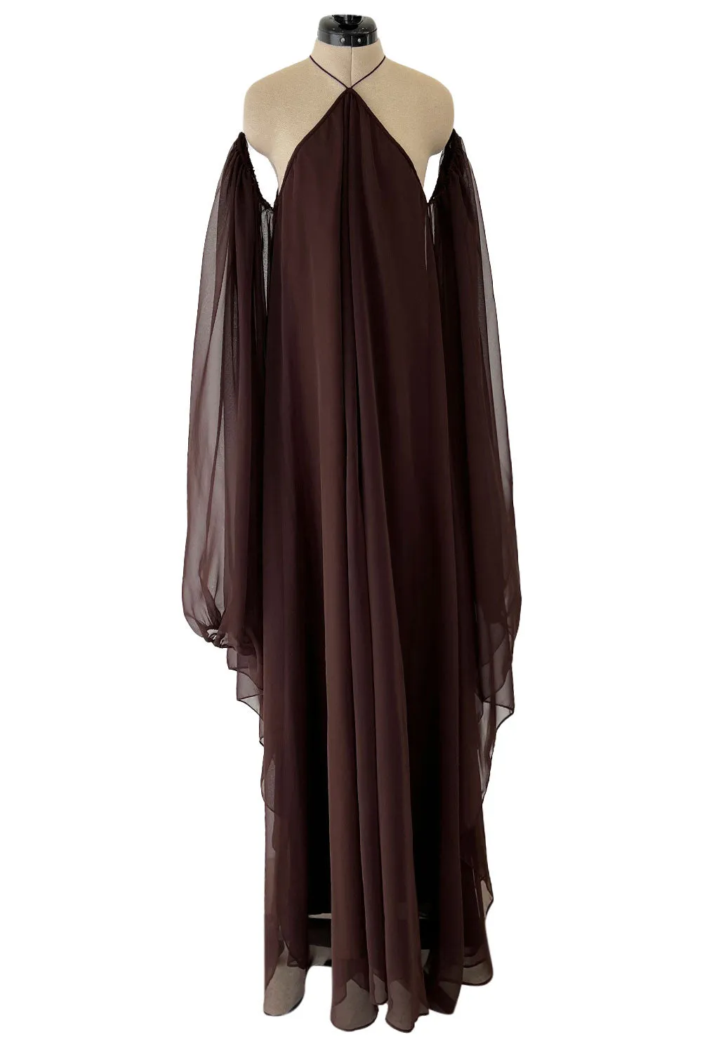 Extraordinary 1970s Yuki Brown Chiffon Caftan Dress w Open Shoulders & Incredible Sleeves