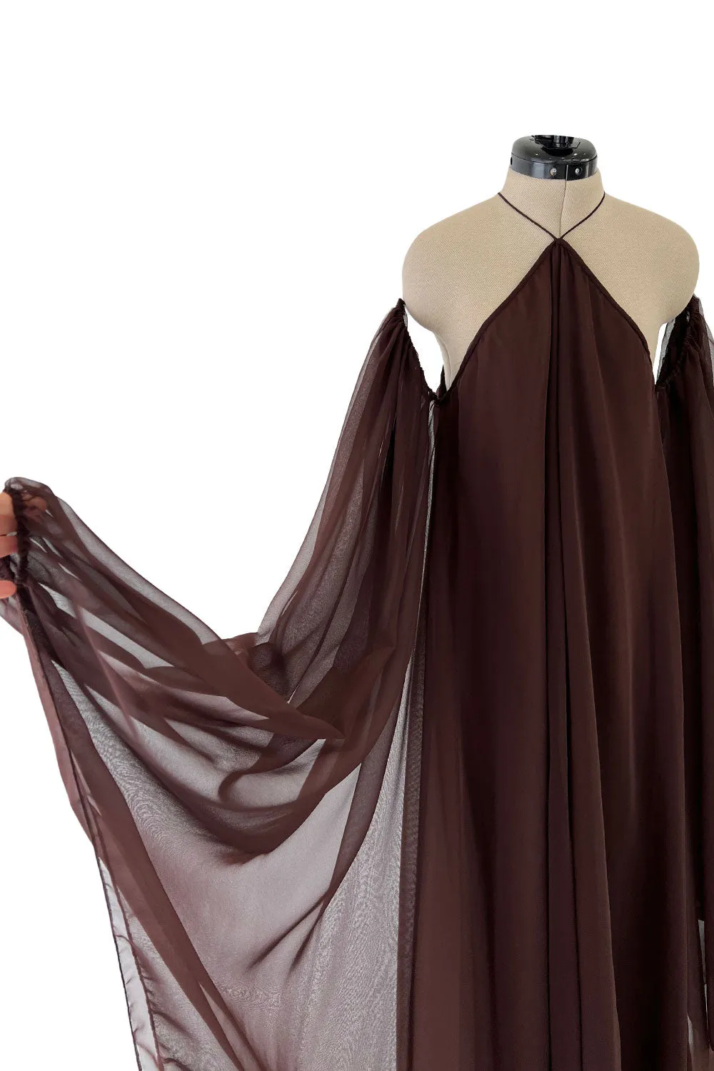 Extraordinary 1970s Yuki Brown Chiffon Caftan Dress w Open Shoulders & Incredible Sleeves