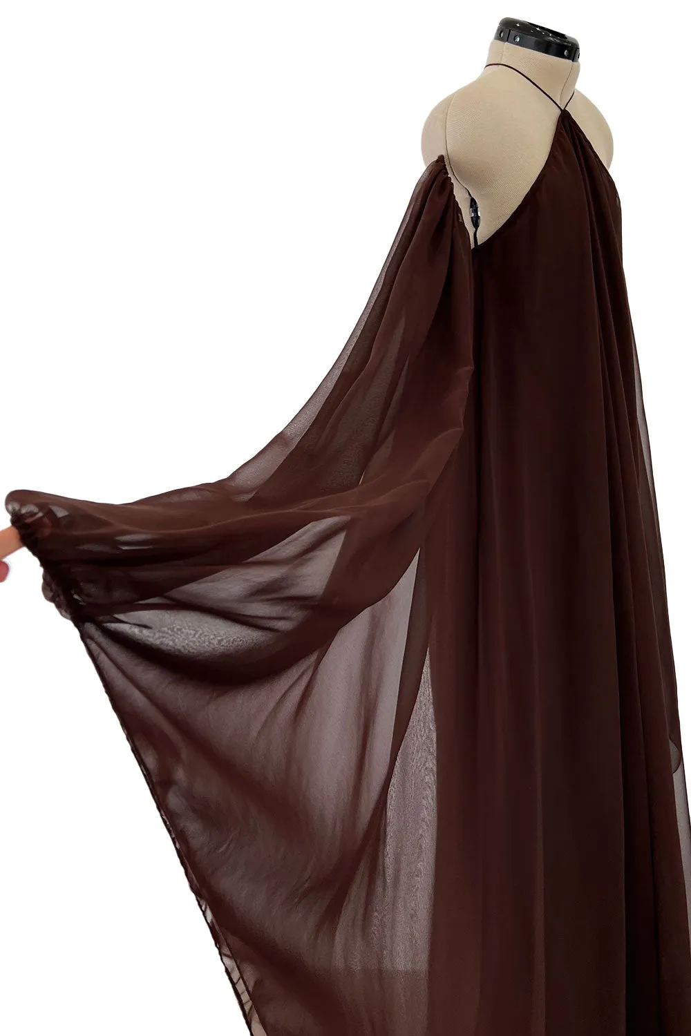 Extraordinary 1970s Yuki Brown Chiffon Caftan Dress w Open Shoulders & Incredible Sleeves