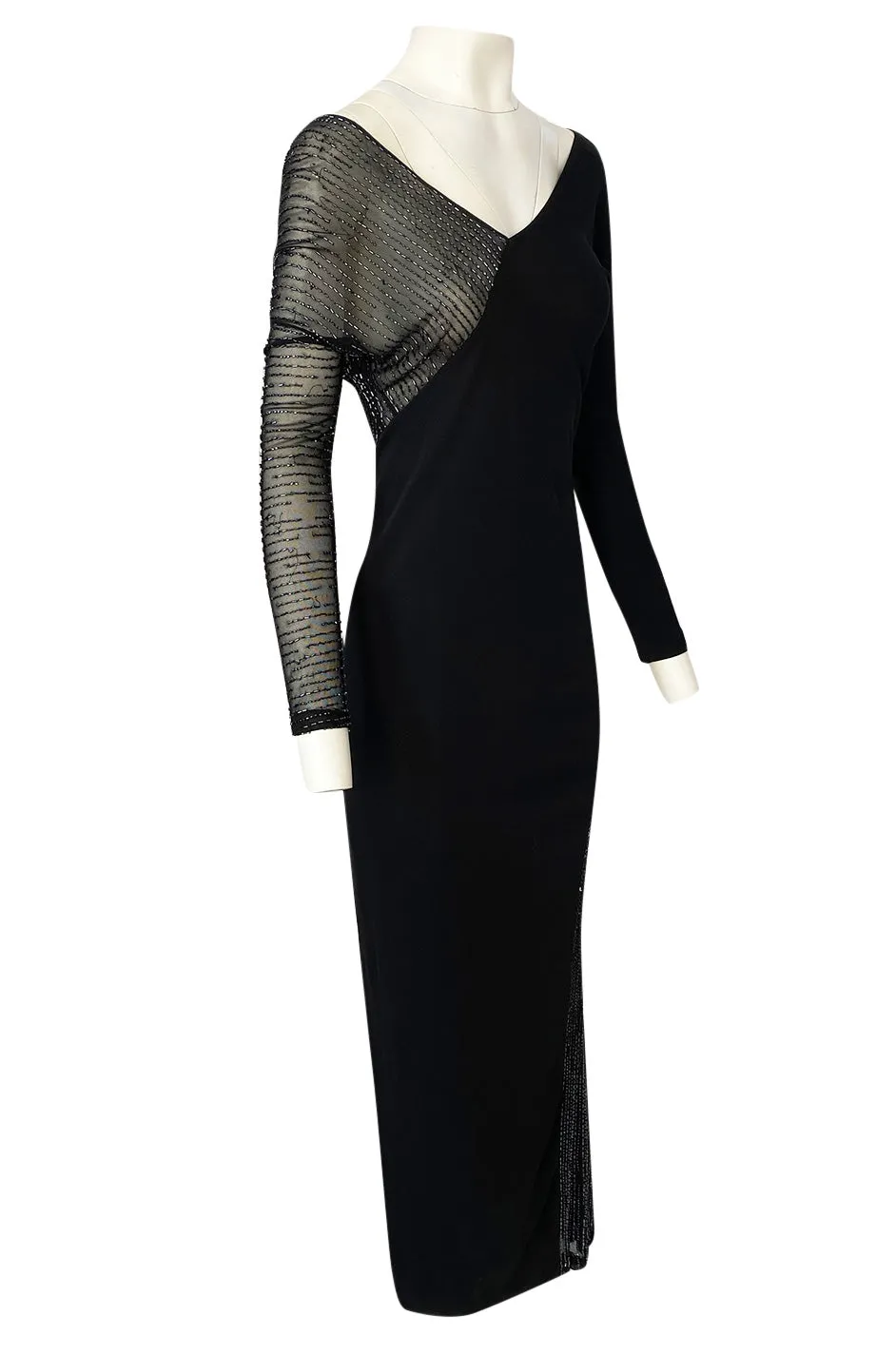 Fall 1997 Halston Black Bias Cut Jersey Dress w Transparent Beaded Net Panel