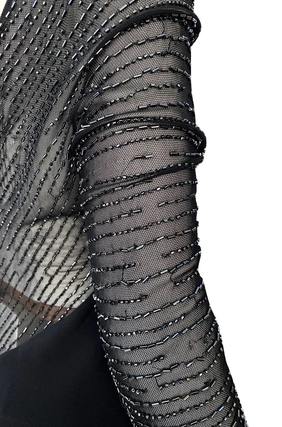 Fall 1997 Halston Black Bias Cut Jersey Dress w Transparent Beaded Net Panel
