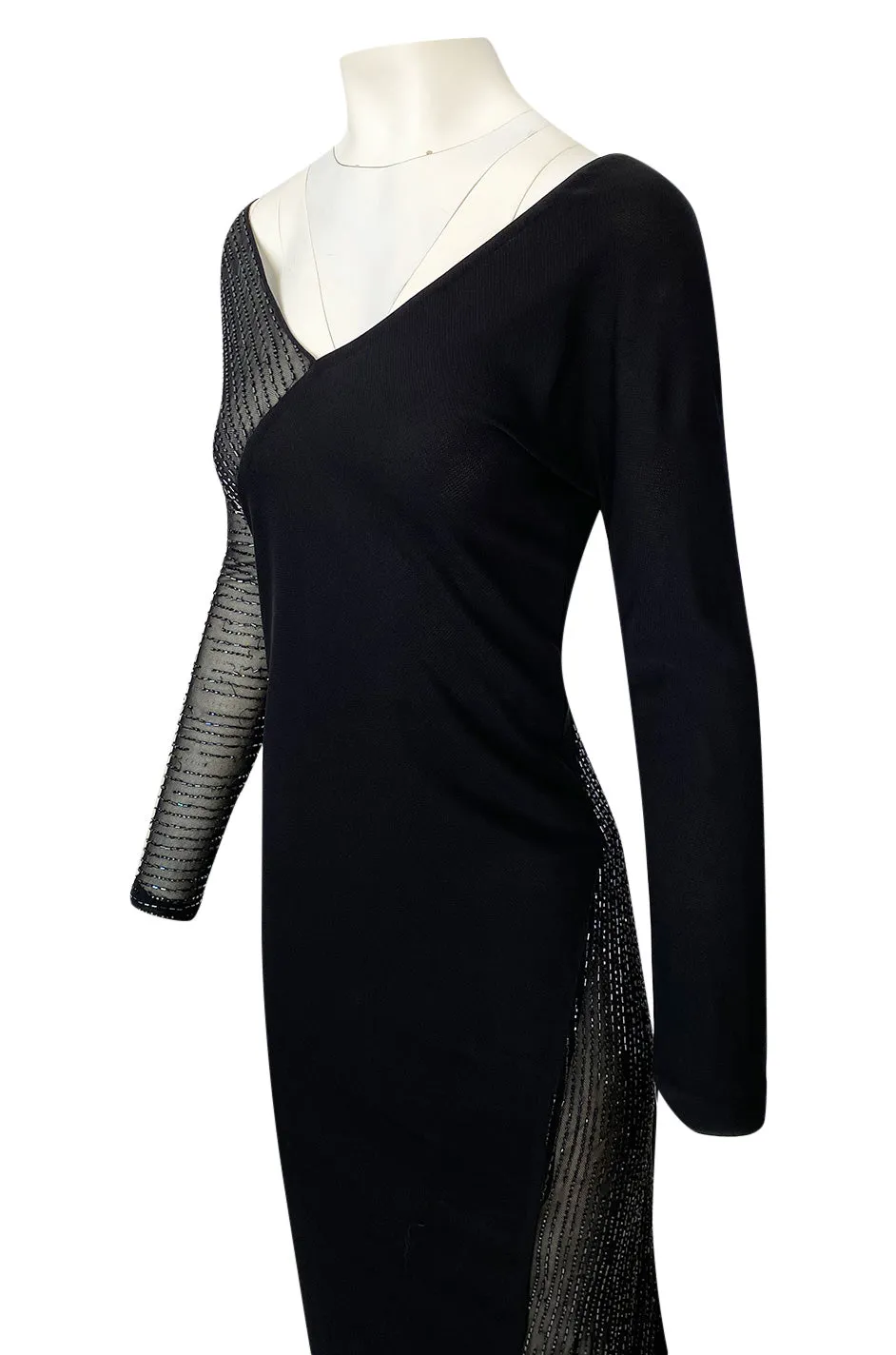 Fall 1997 Halston Black Bias Cut Jersey Dress w Transparent Beaded Net Panel
