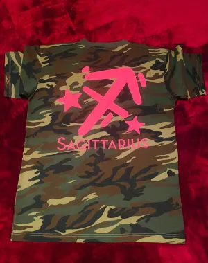 Fallon Aurielle Unisex Signature Sagittarius Logo & Name Zodiac T-Shirt (Camo & Neon Pink)