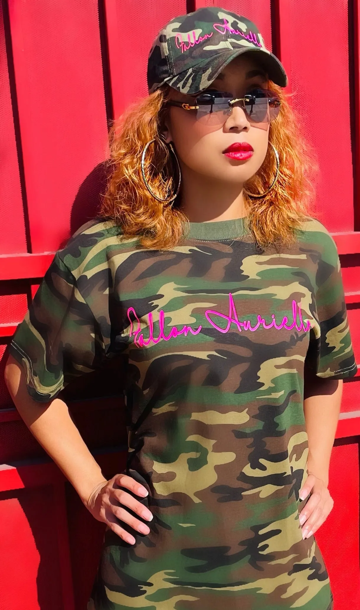 Fallon Aurielle Unisex Signature Sagittarius Logo & Name Zodiac T-Shirt (Camo & Neon Pink)