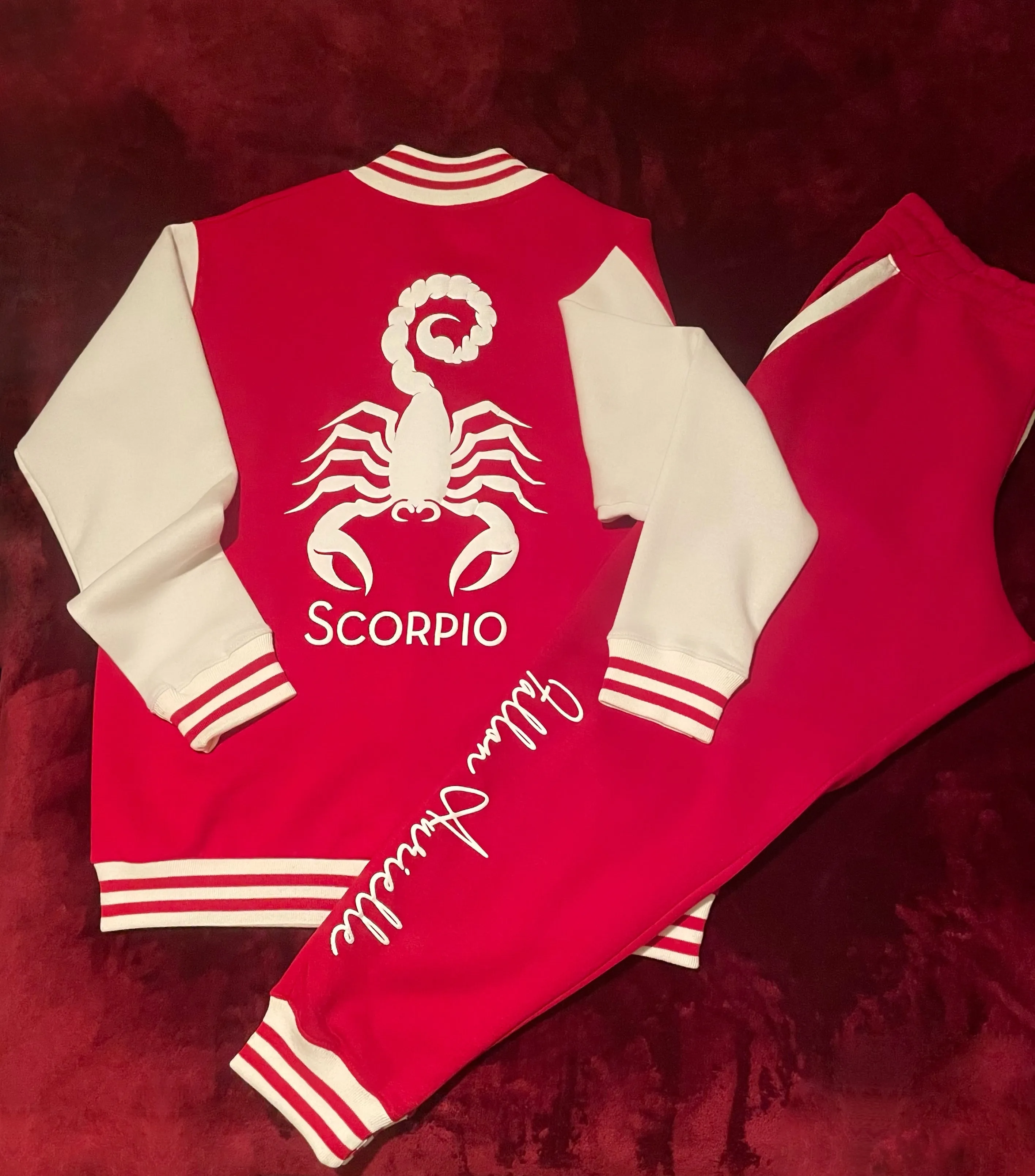 Fallon Aurielle Unisex Signature Scorpio Scorpion Logo & Name Zodiac Jacket Jogging Set (Red & White)