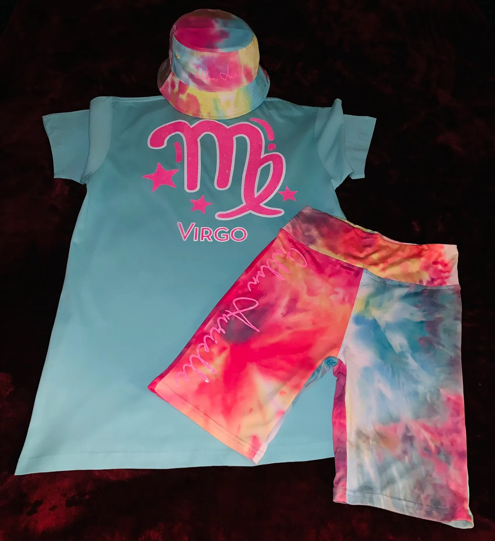 Fallon Aurielle Unisex Signature Virgo Logo & Name Zodiac T-Shirt (Turquoise, Pink Sparkle & White)