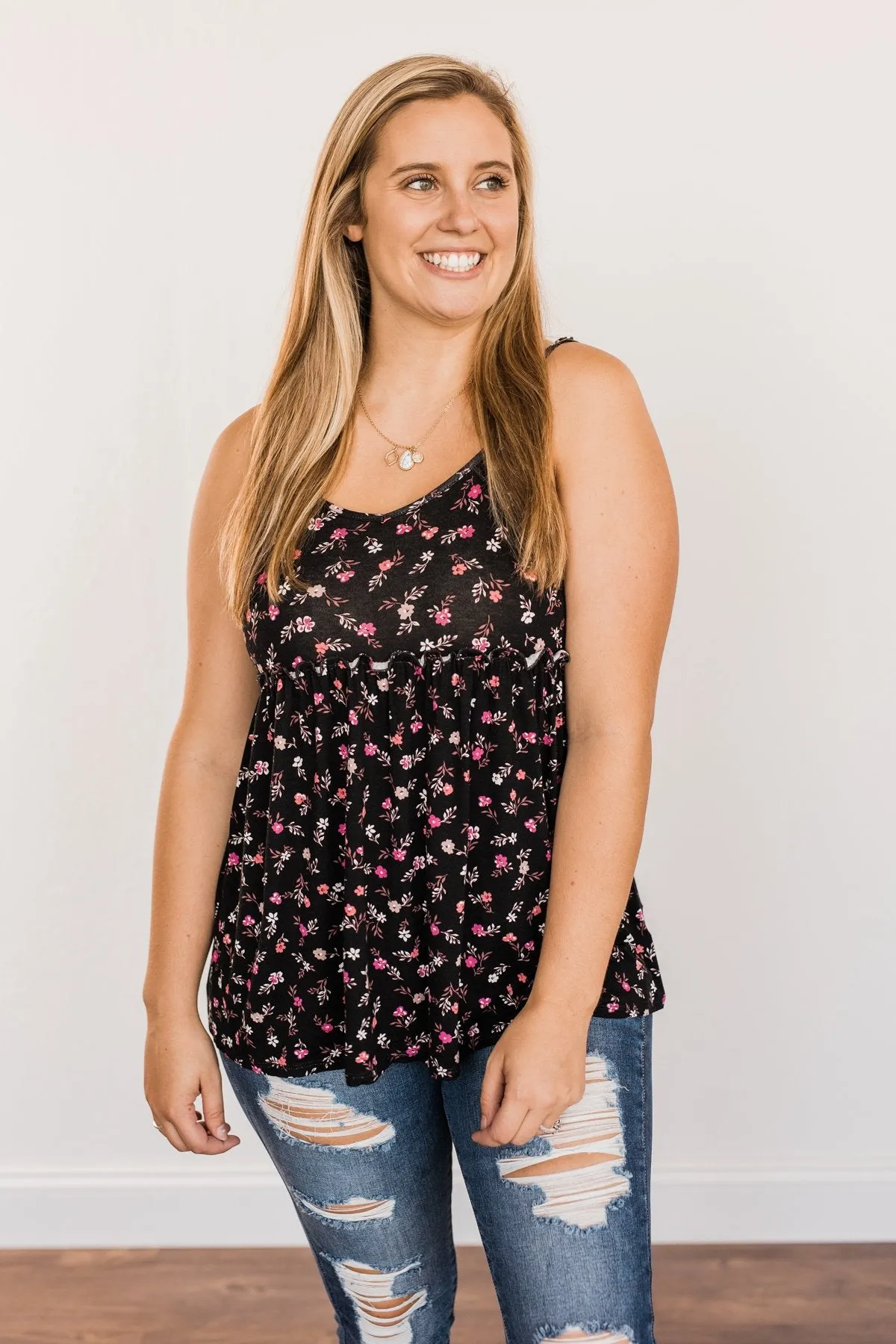 Find Me In The Garden Floral Tank Top- Black