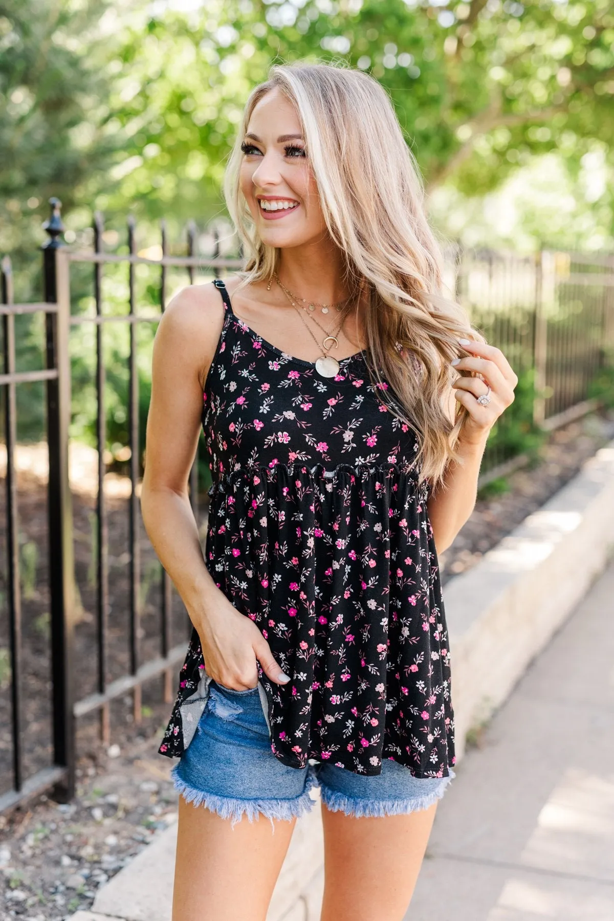 Find Me In The Garden Floral Tank Top- Black