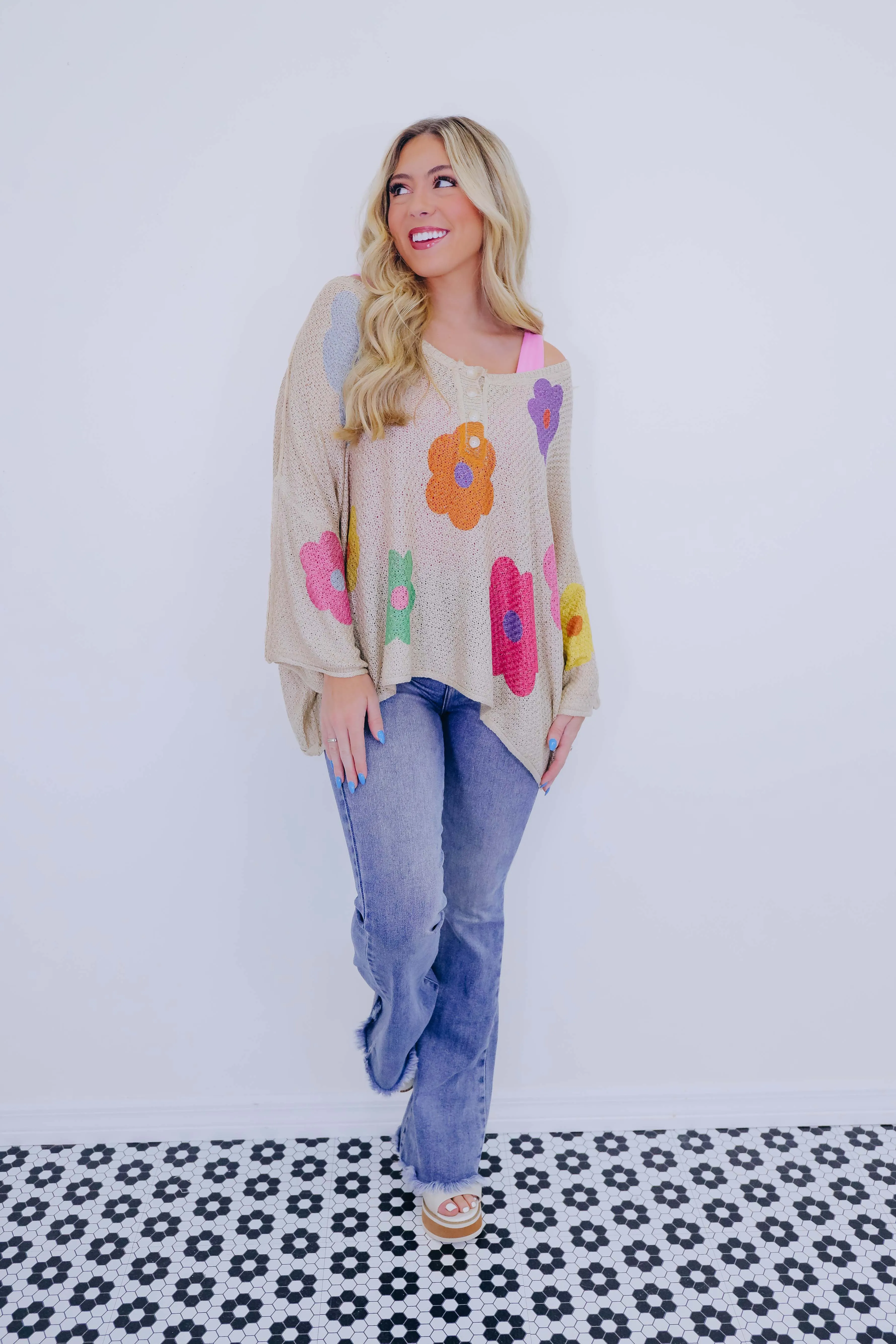 ***Gettin' Groovy Floral Crochet Knit Sweater - 2 Colors SAMPLE