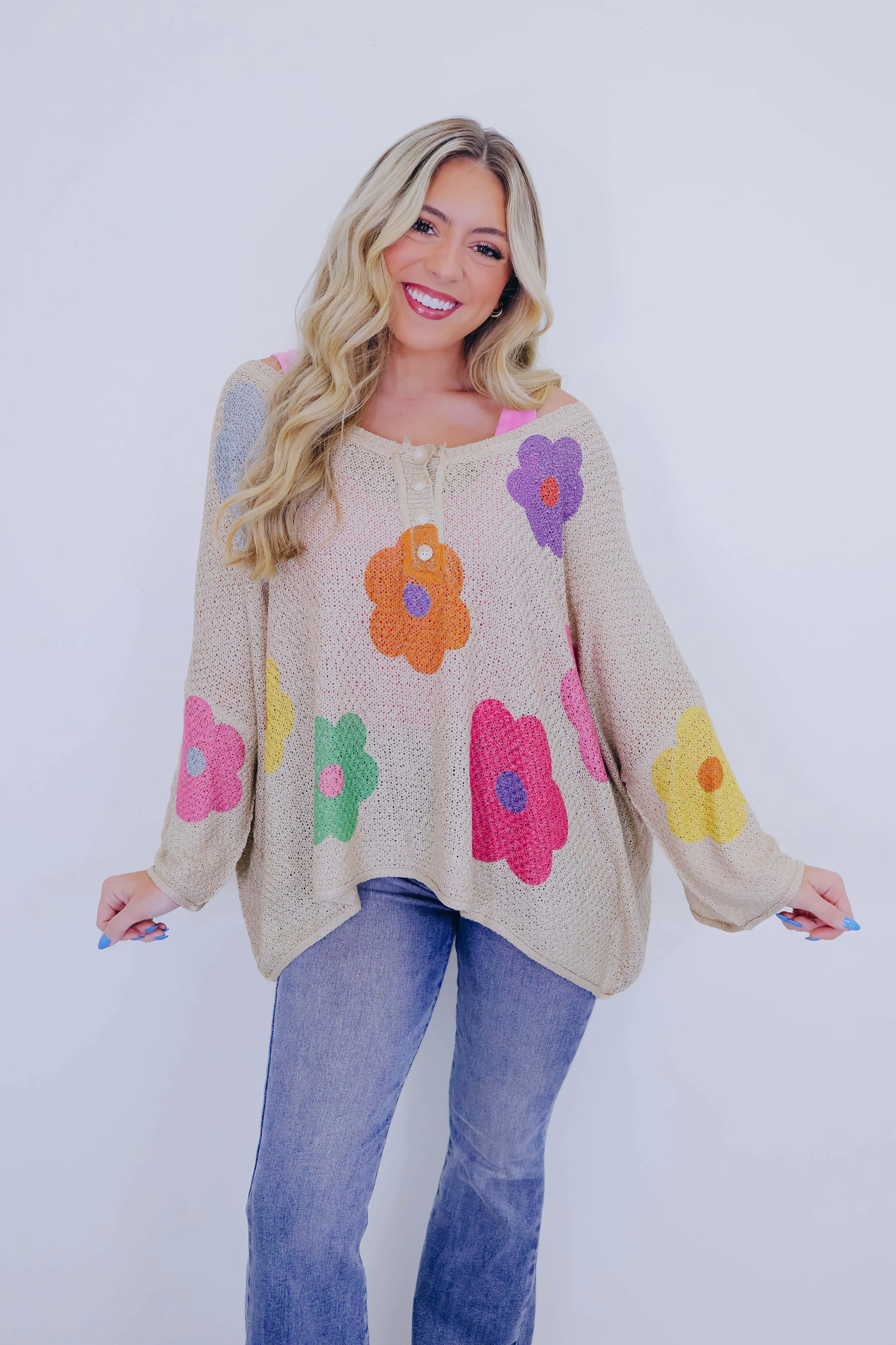 ***Gettin' Groovy Floral Crochet Knit Sweater - 2 Colors SAMPLE