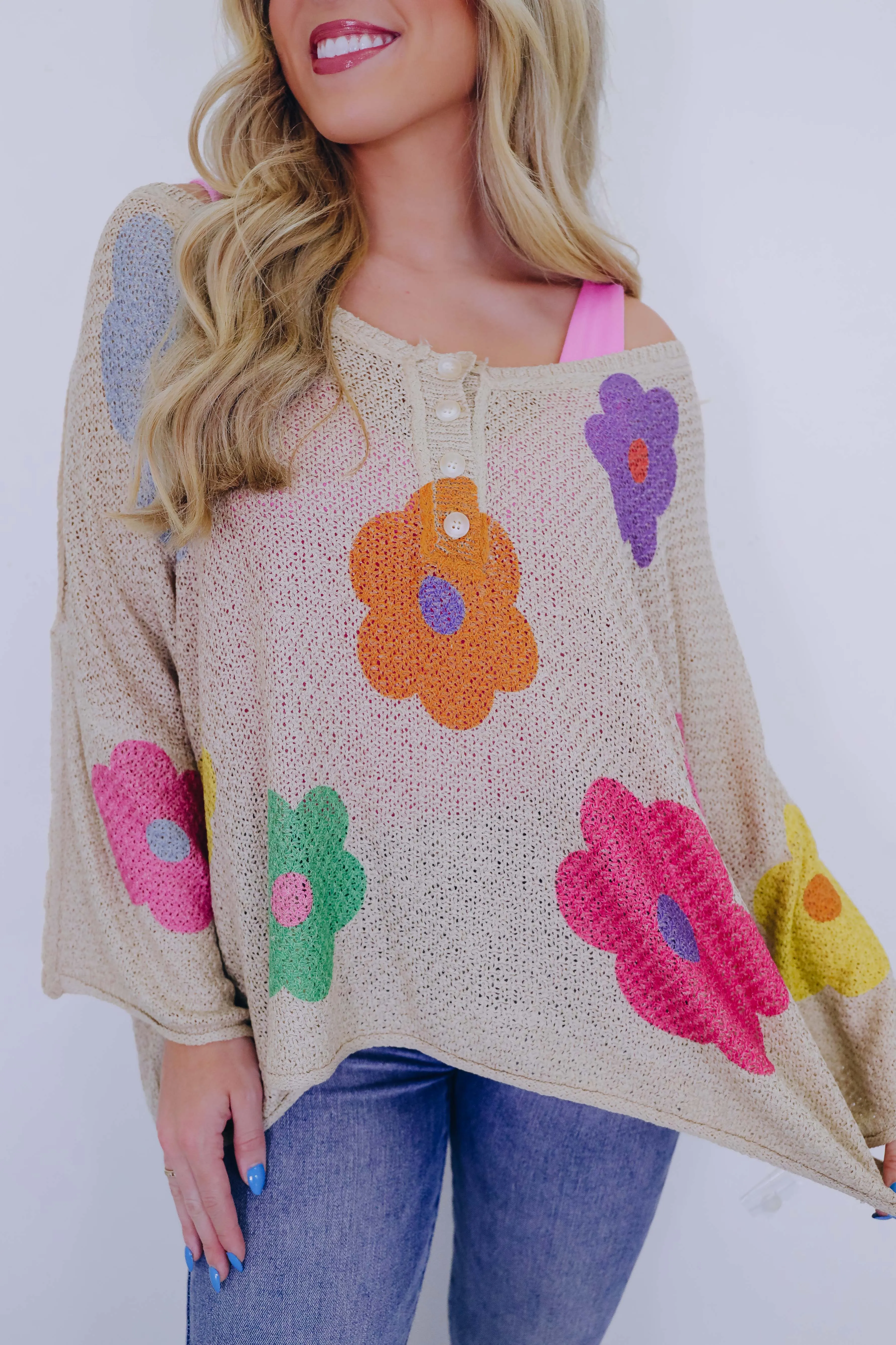 ***Gettin' Groovy Floral Crochet Knit Sweater - 2 Colors SAMPLE