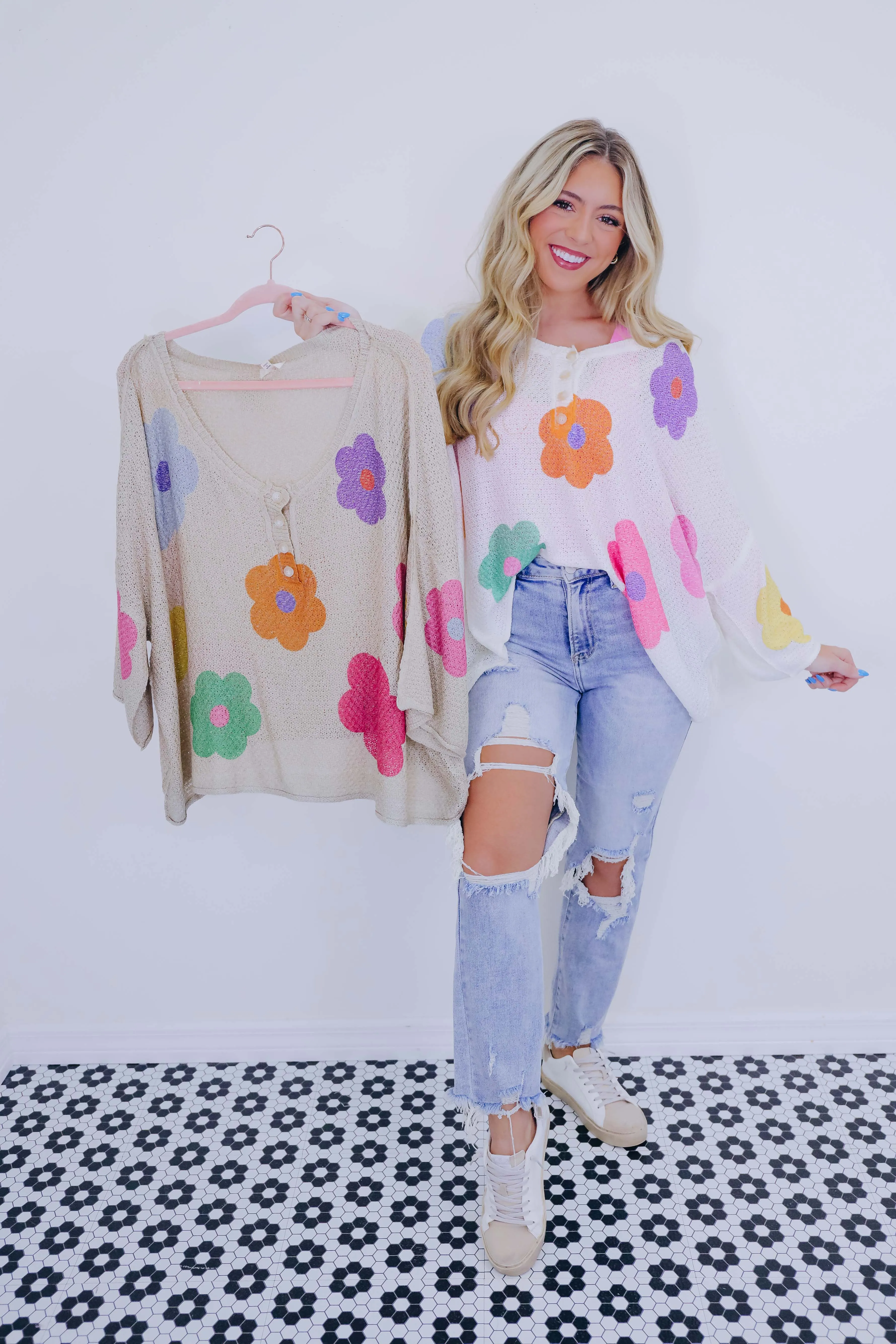 ***Gettin' Groovy Floral Crochet Knit Sweater - 2 Colors SAMPLE
