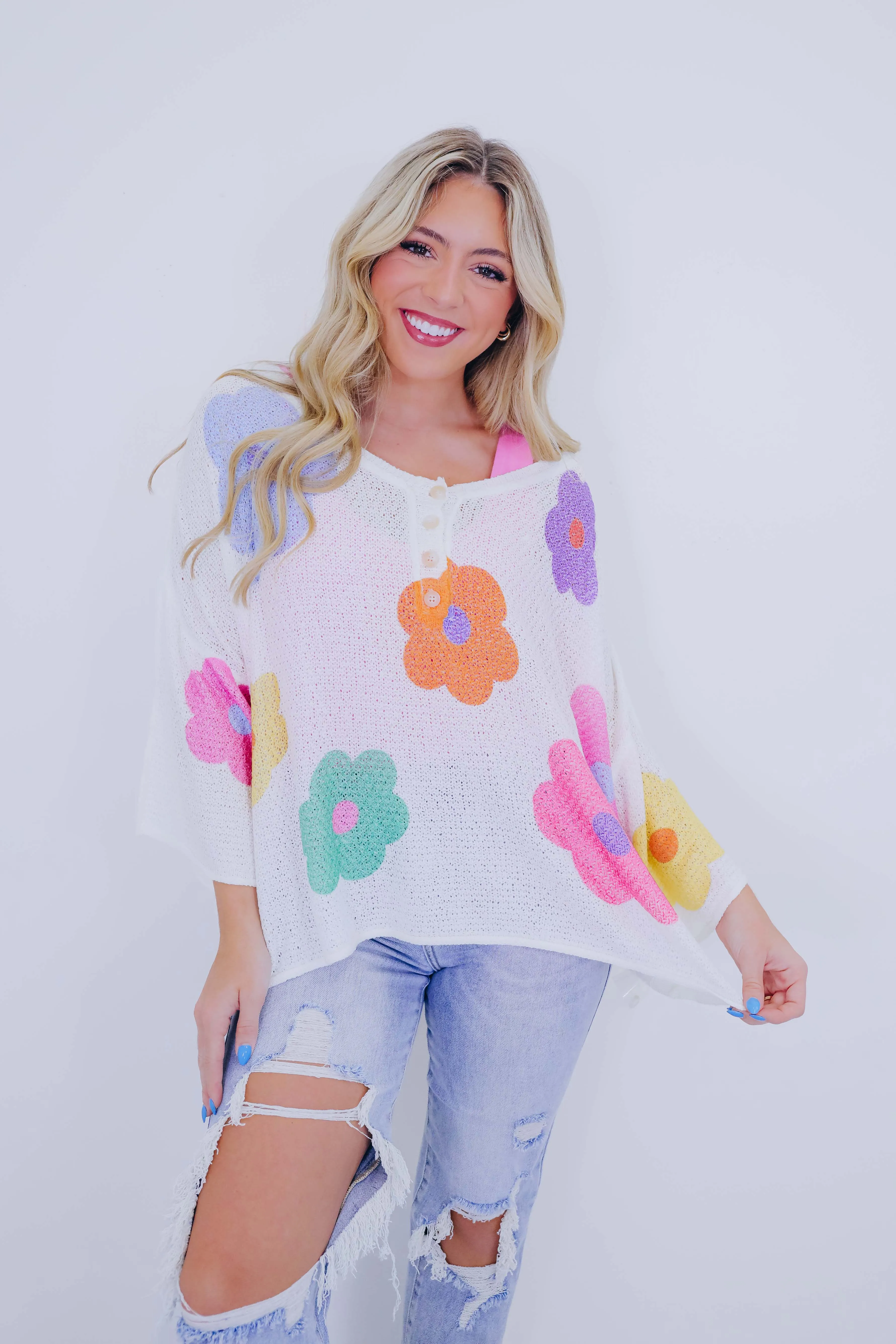 ***Gettin' Groovy Floral Crochet Knit Sweater - 2 Colors SAMPLE