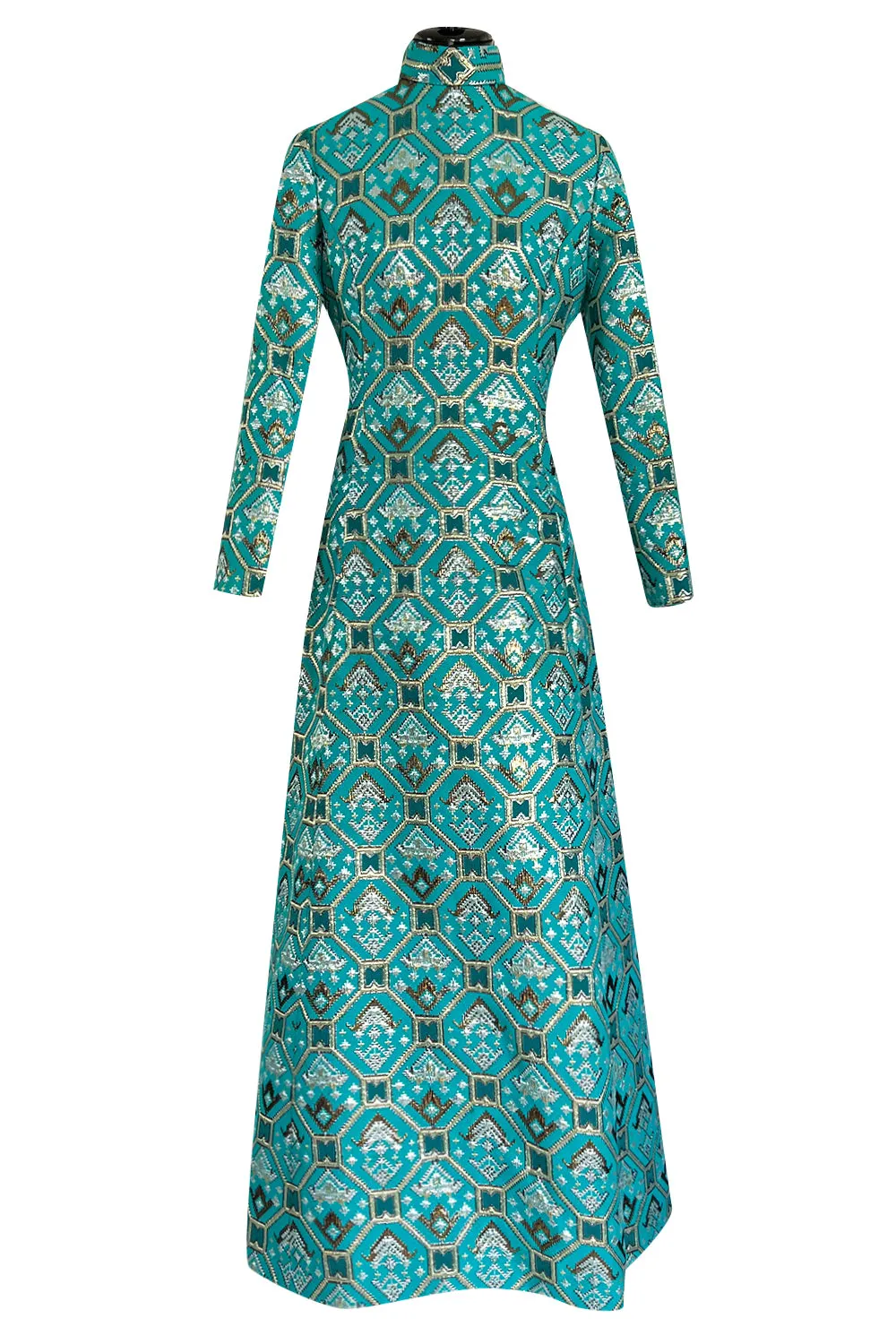 Gorgeous 1970s Mollie Parnis Turquoise Dress w Metallic Gold & Silver Detailing