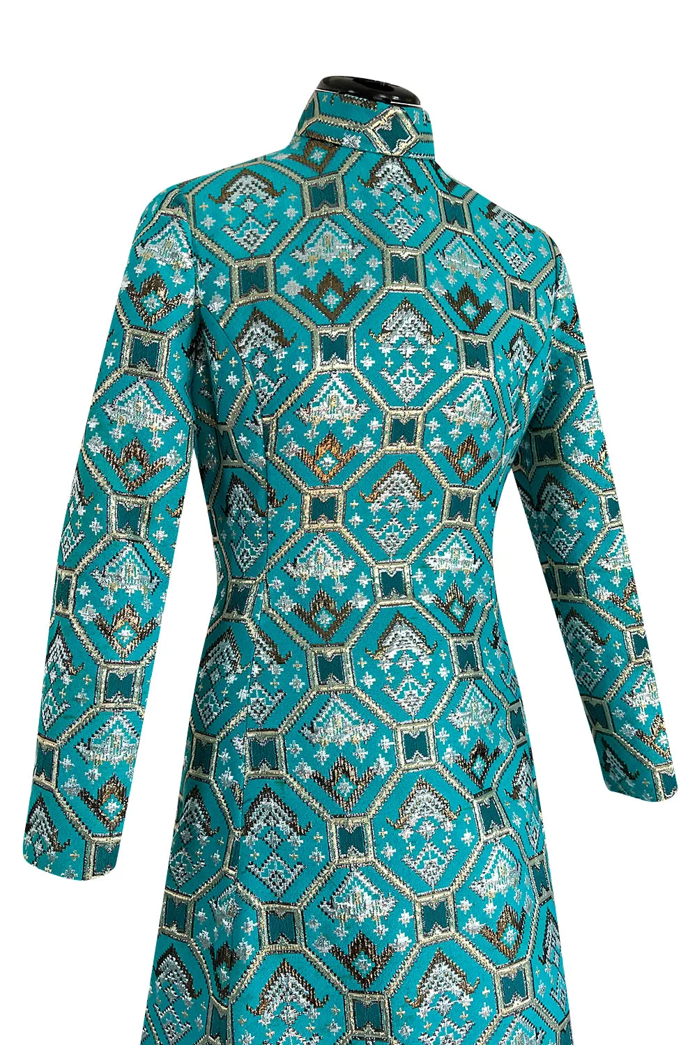 Gorgeous 1970s Mollie Parnis Turquoise Dress w Metallic Gold & Silver Detailing