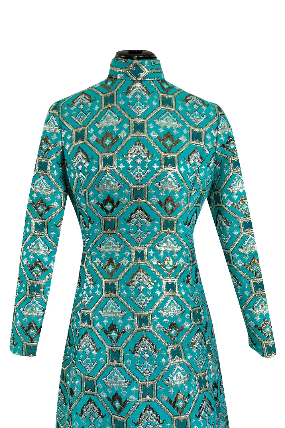 Gorgeous 1970s Mollie Parnis Turquoise Dress w Metallic Gold & Silver Detailing