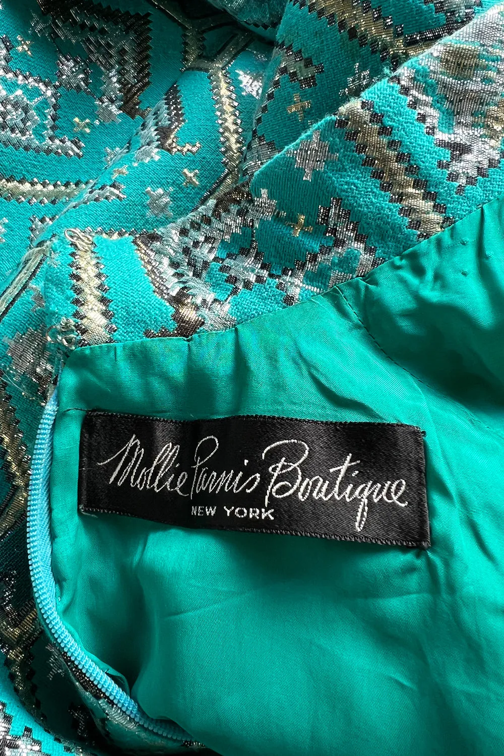 Gorgeous 1970s Mollie Parnis Turquoise Dress w Metallic Gold & Silver Detailing