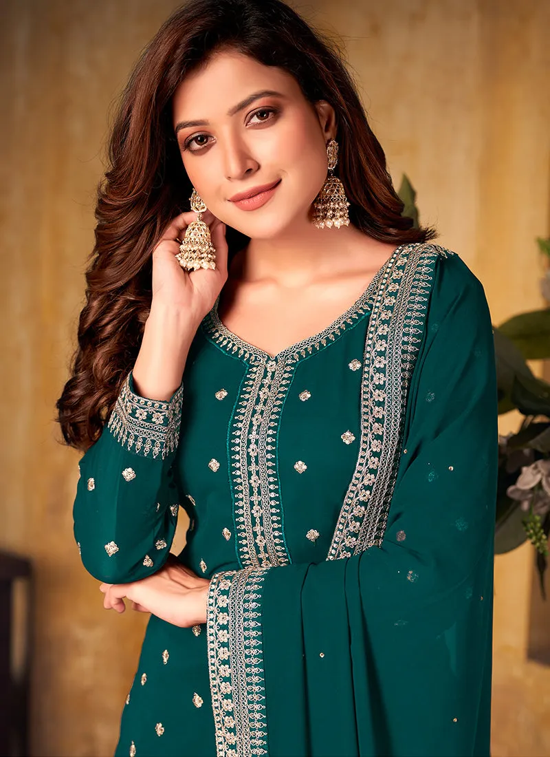 Green Embroidered Designer Palazzo Suit