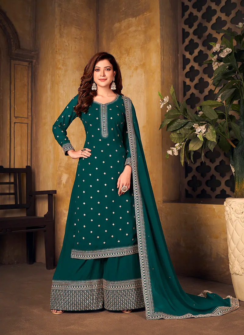 Green Embroidered Designer Palazzo Suit