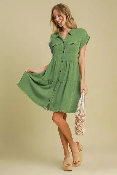 Green Frayed Hemline Button Down Shirt Dress Plus Size