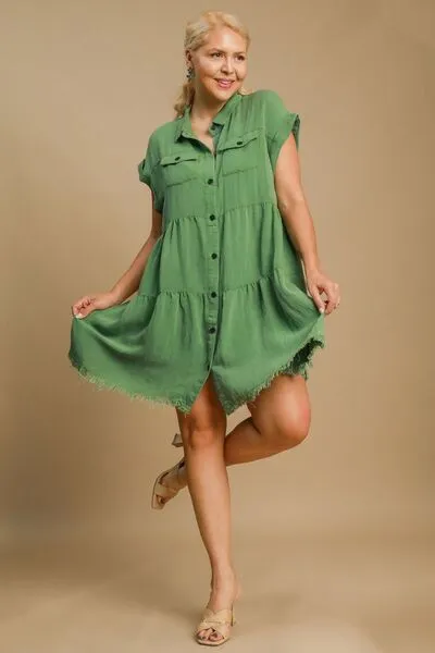 Green Frayed Hemline Button Down Shirt Dress Plus Size