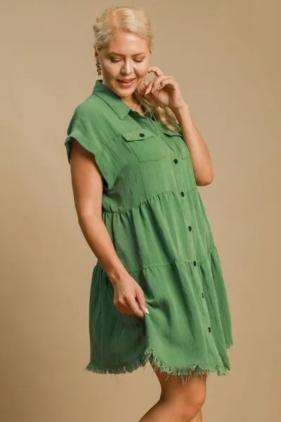 Green Frayed Hemline Button Down Shirt Dress Plus Size