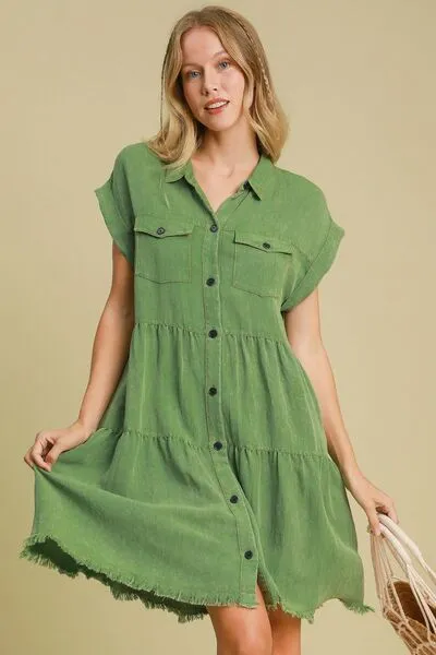 Green Frayed Hemline Button Down Shirt Dress Plus Size
