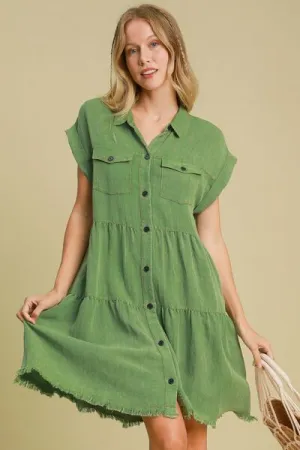 Green Frayed Hemline Button Down Shirt Dress Plus Size