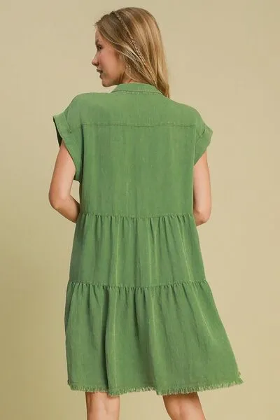 Green Frayed Hemline Button Down Shirt Dress Plus Size