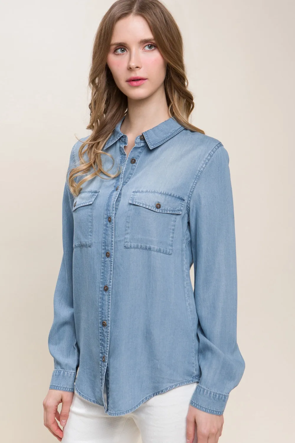 Hazel Blues® |  Love Tree Scooped Hem Button Up Denim Shirt