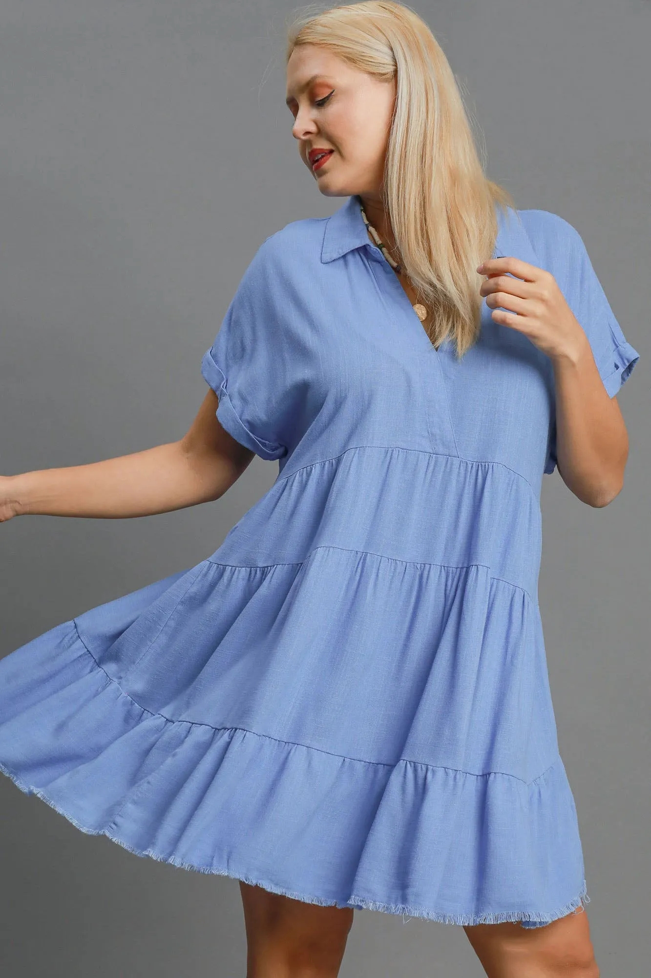 Hazel Blues® | Umgee Raw Hem Folded Sleeve Tiered Dress