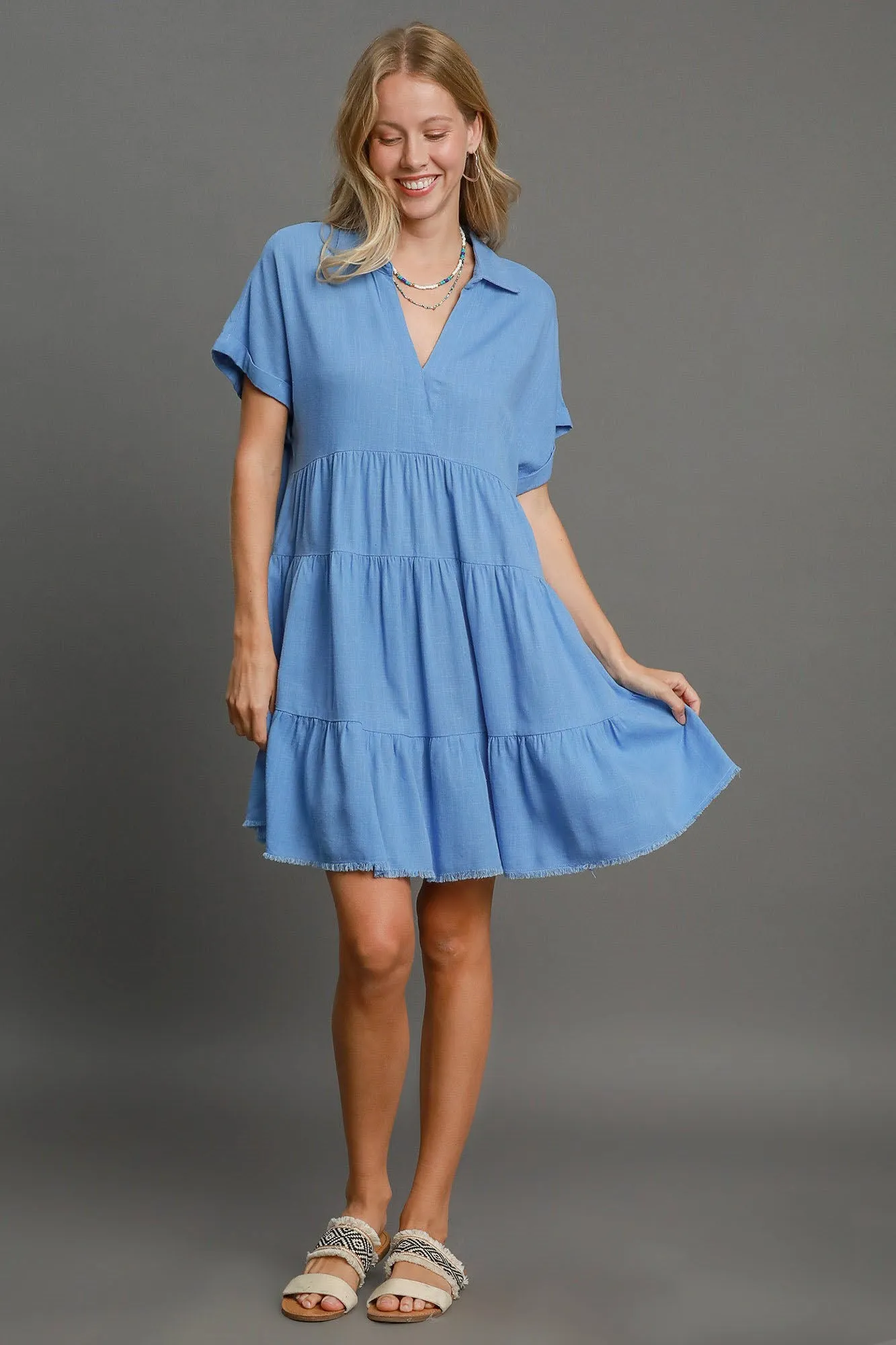 Hazel Blues® | Umgee Raw Hem Folded Sleeve Tiered Dress