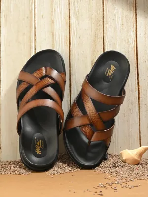Hitz Men's Tan Leather Casual Daily Wear Slipper