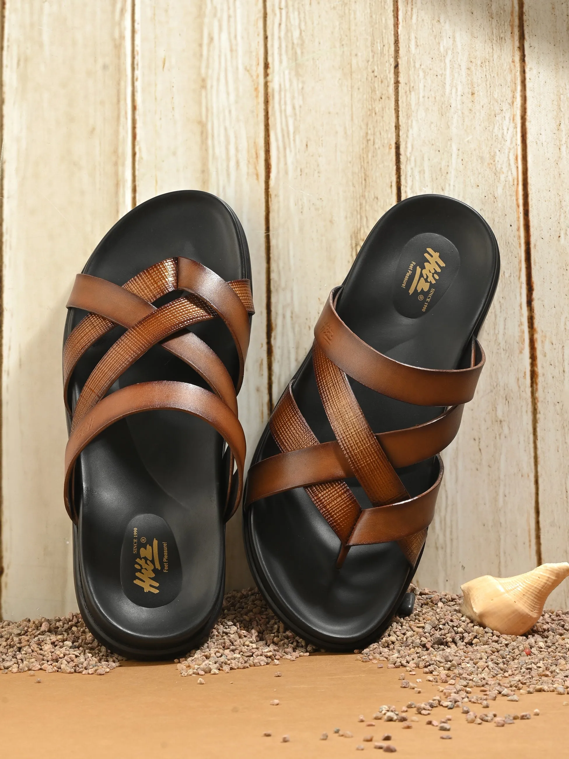 Hitz Men's Tan Leather Casual Daily Wear Slipper