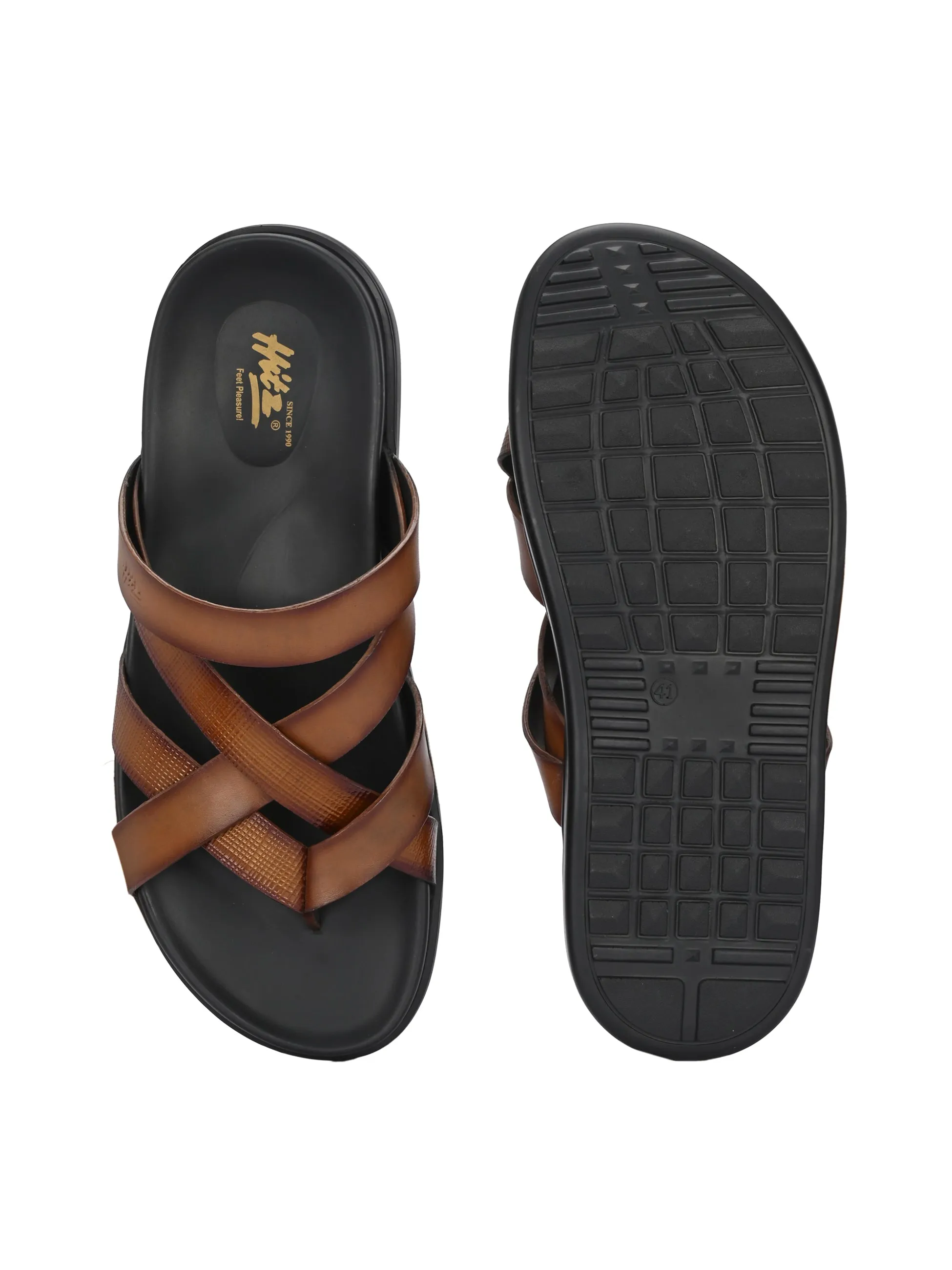 Hitz Men's Tan Leather Casual Daily Wear Slipper