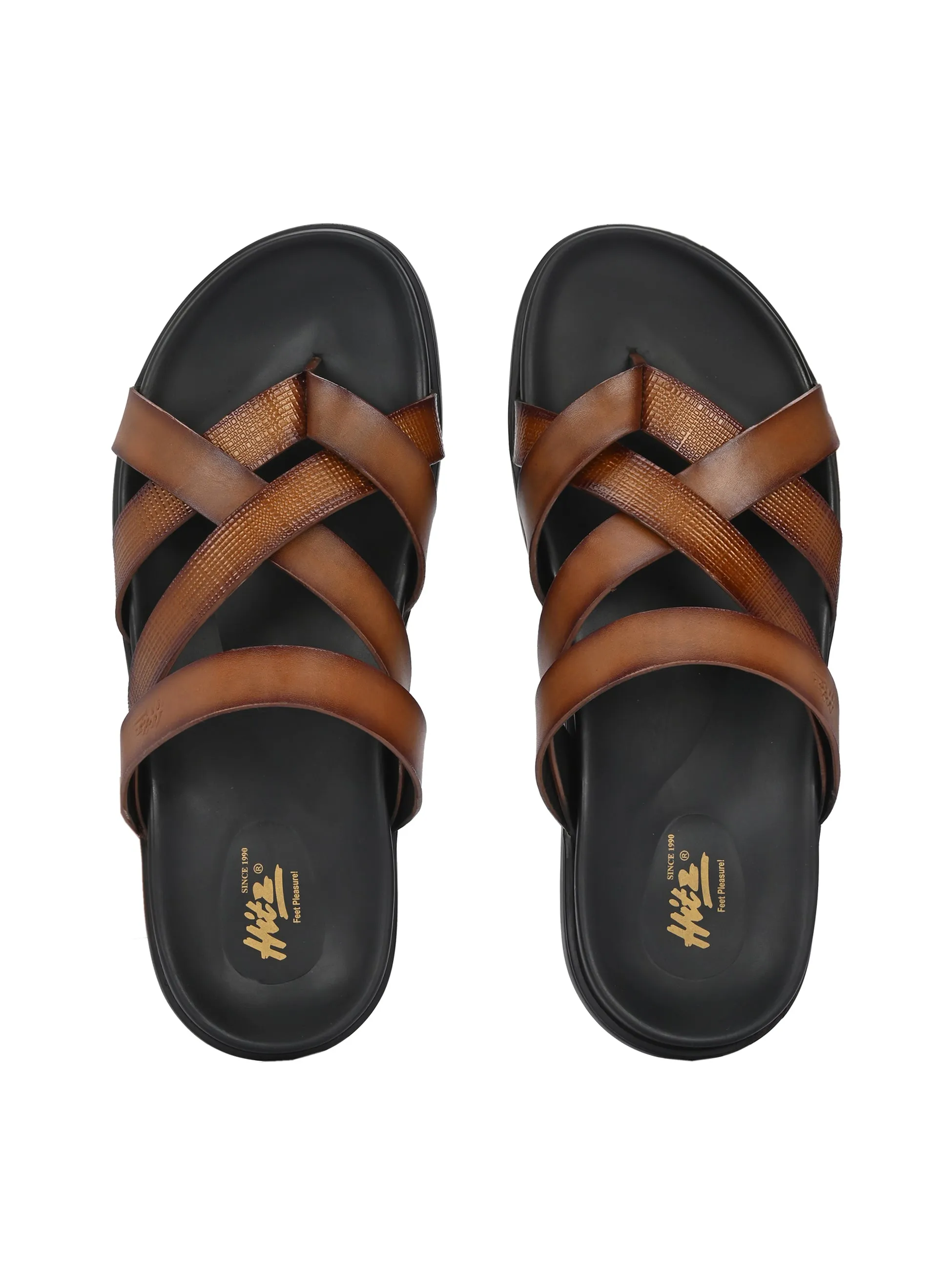 Hitz Men's Tan Leather Casual Daily Wear Slipper