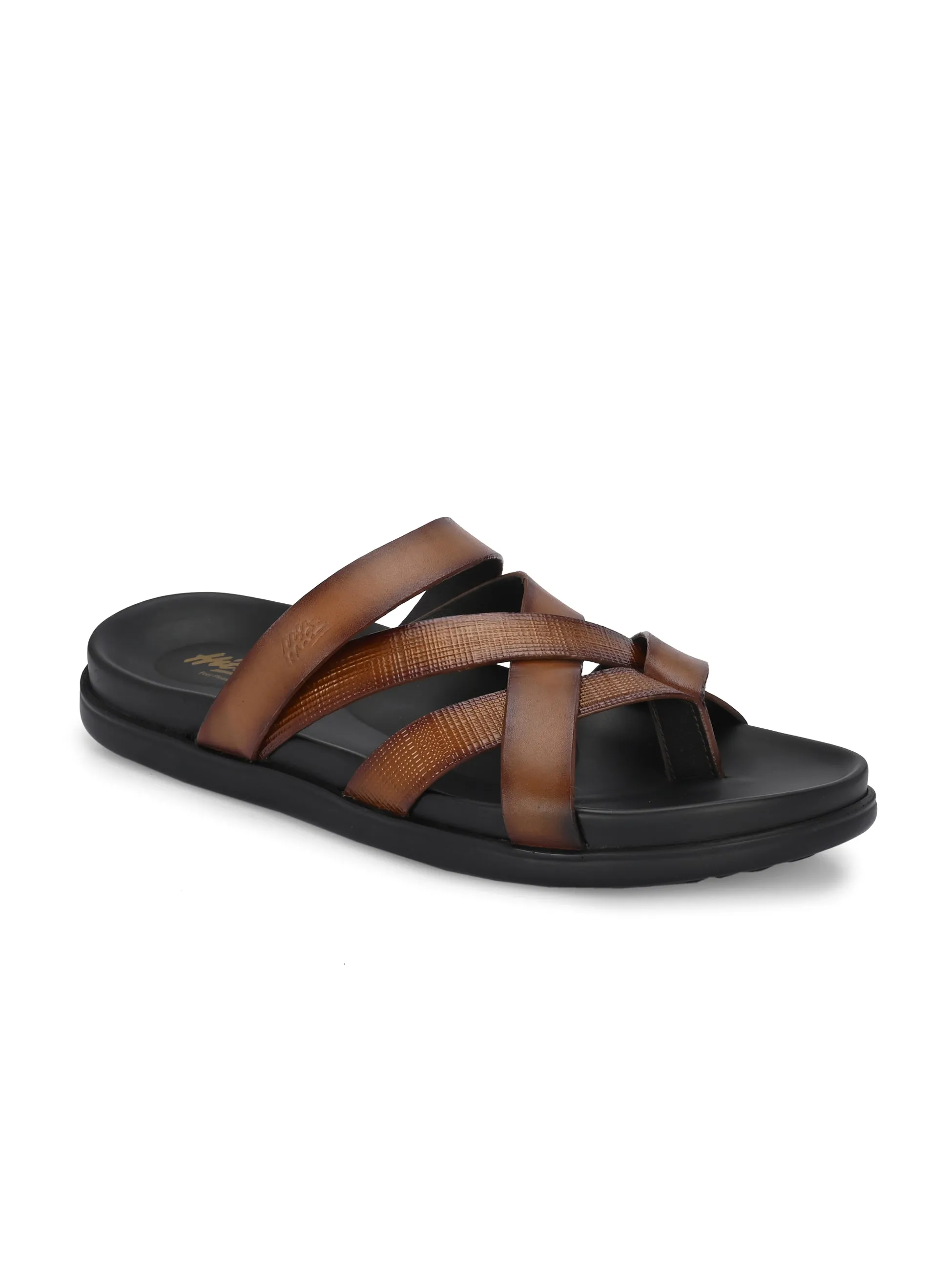 Hitz Men's Tan Leather Casual Daily Wear Slipper