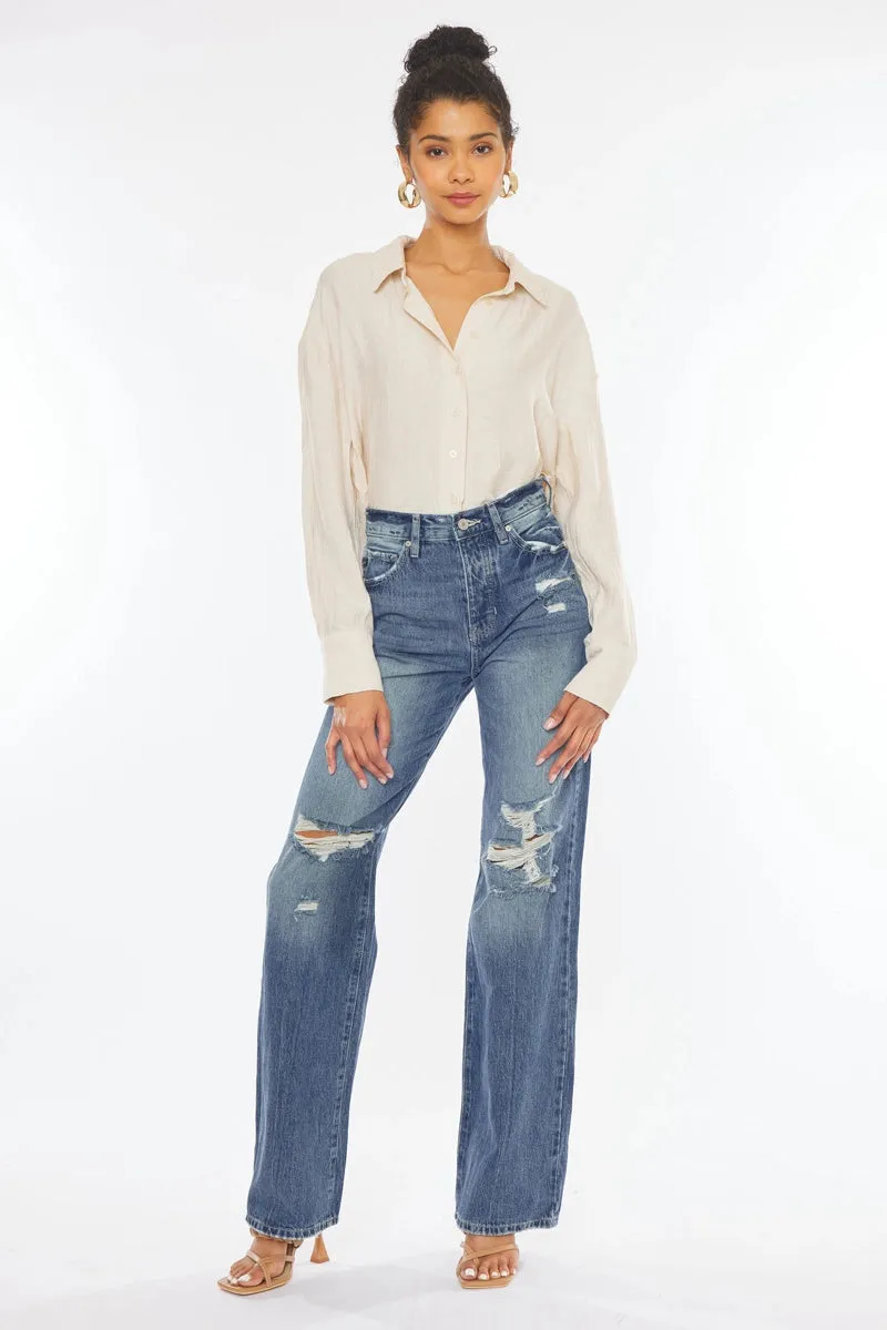 Kancan Ultra High Rise Distressed 90s Wide Leg Denim Flare Jean Medium Wash