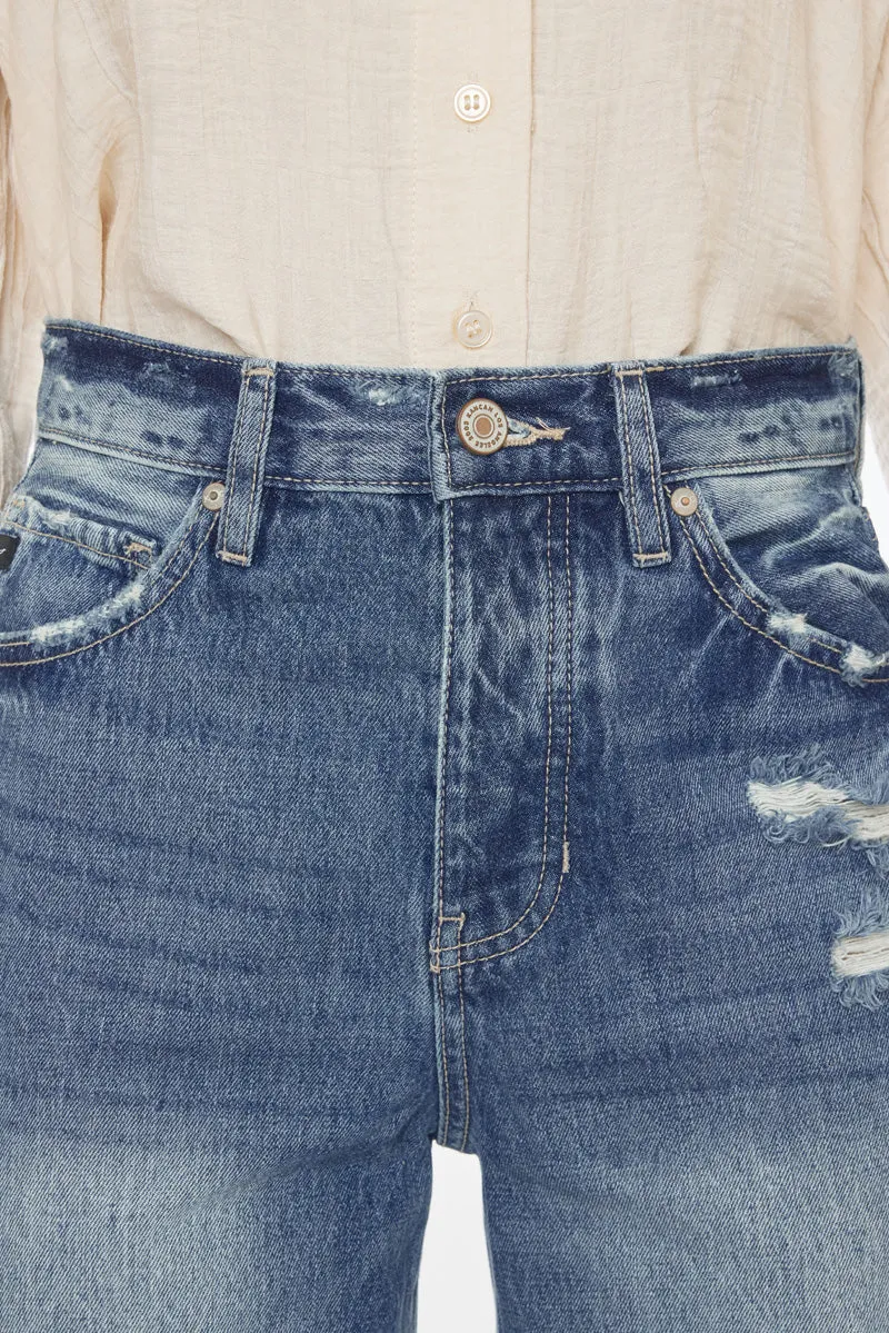Kancan Ultra High Rise Distressed 90s Wide Leg Denim Flare Jean Medium Wash