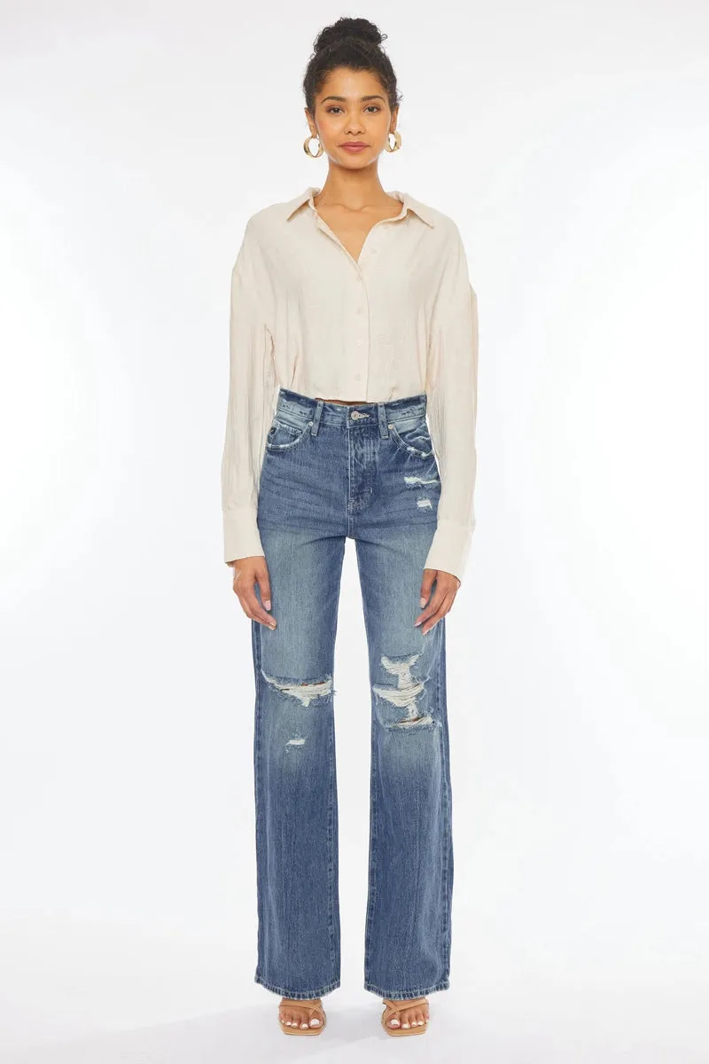 Kancan Ultra High Rise Distressed 90s Wide Leg Denim Flare Jean Medium Wash