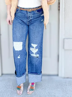 Kancan Ultra High Rise Distressed 90s Wide Leg Denim Flare Jean Medium Wash