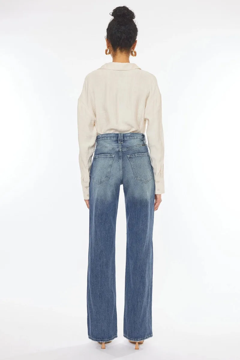 Kancan Ultra High Rise Distressed 90s Wide Leg Denim Flare Jean Medium Wash