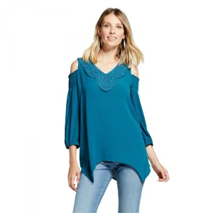 Knox Rose Women's Crochet Yoke Smocked Cold Shoulder Top