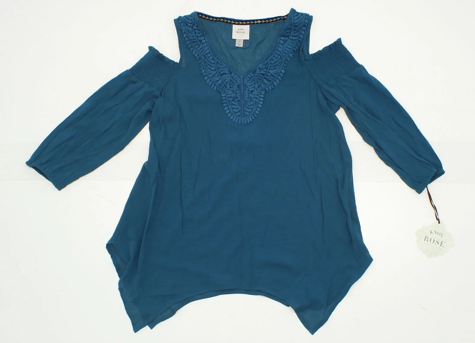 Knox Rose Women's Crochet Yoke Smocked Cold Shoulder Top