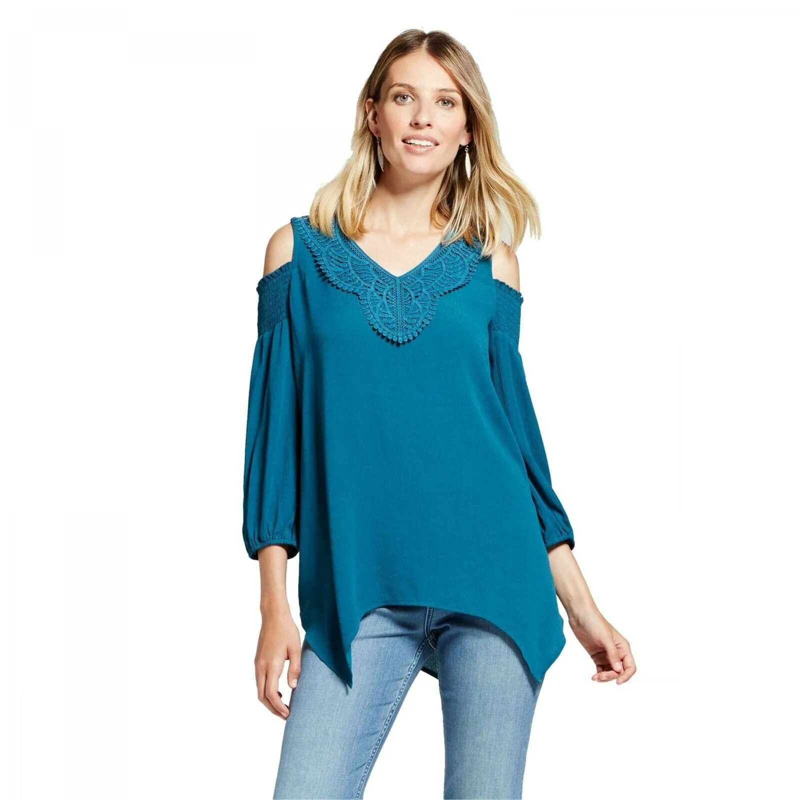 Knox Rose Women's Crochet Yoke Smocked Cold Shoulder Top