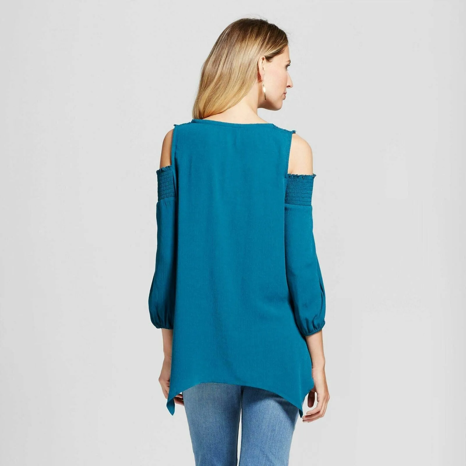 Knox Rose Women's Crochet Yoke Smocked Cold Shoulder Top